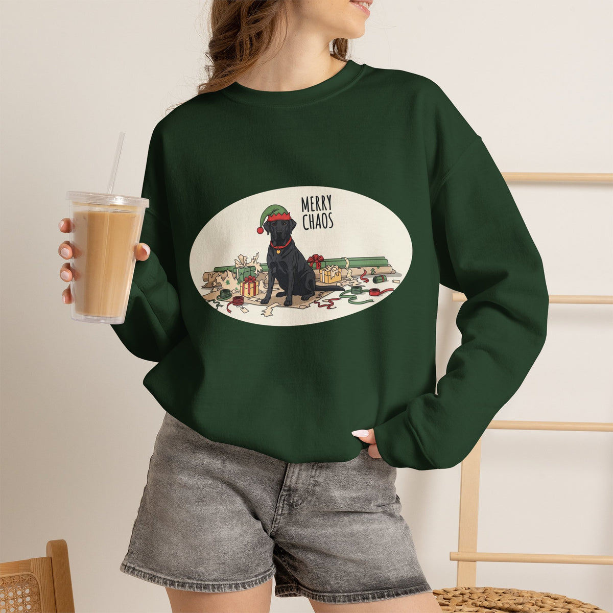 Merry Chaos Black Lab Christmas Crewneck Sweatshirt | Funny Dog Holiday Sweatshirt