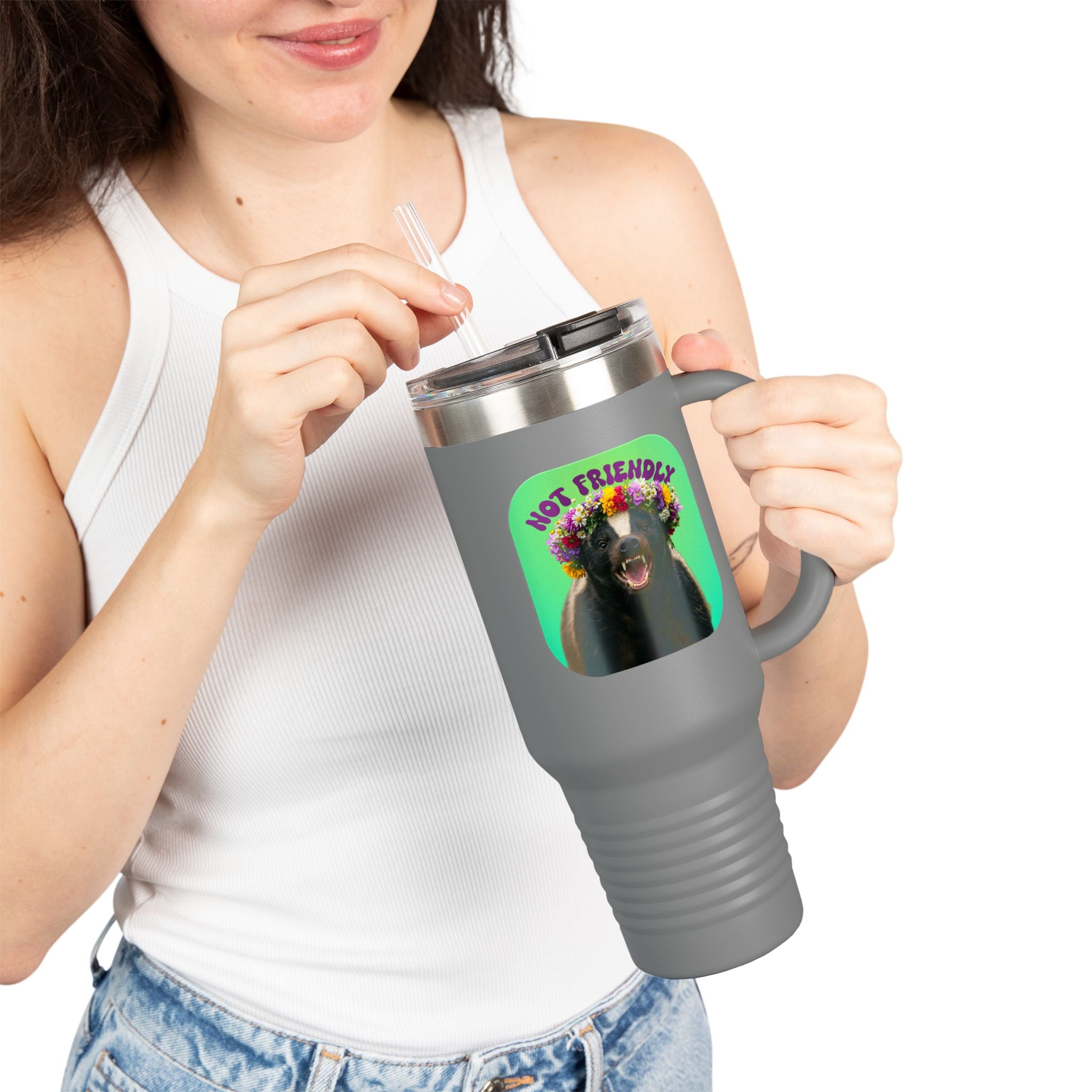 Not Friendly Badger Tumbler - Angry Flower Crown Honey Badger 40oz