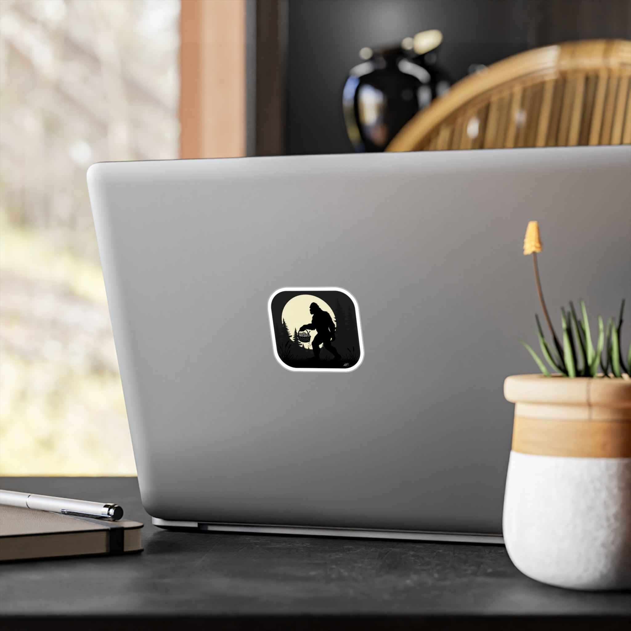 Bigfoot Crochet Night Decal - Sasquatch Yarn Basket Silhouette Kiss Cut Vinyl Decal