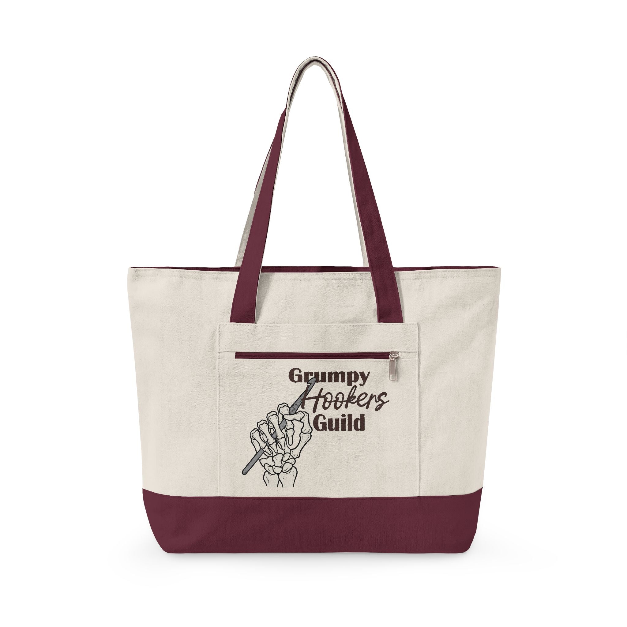 Hookers Guild Tote Bag - Skeleton Crochet Hand Zippered Canvas Tote