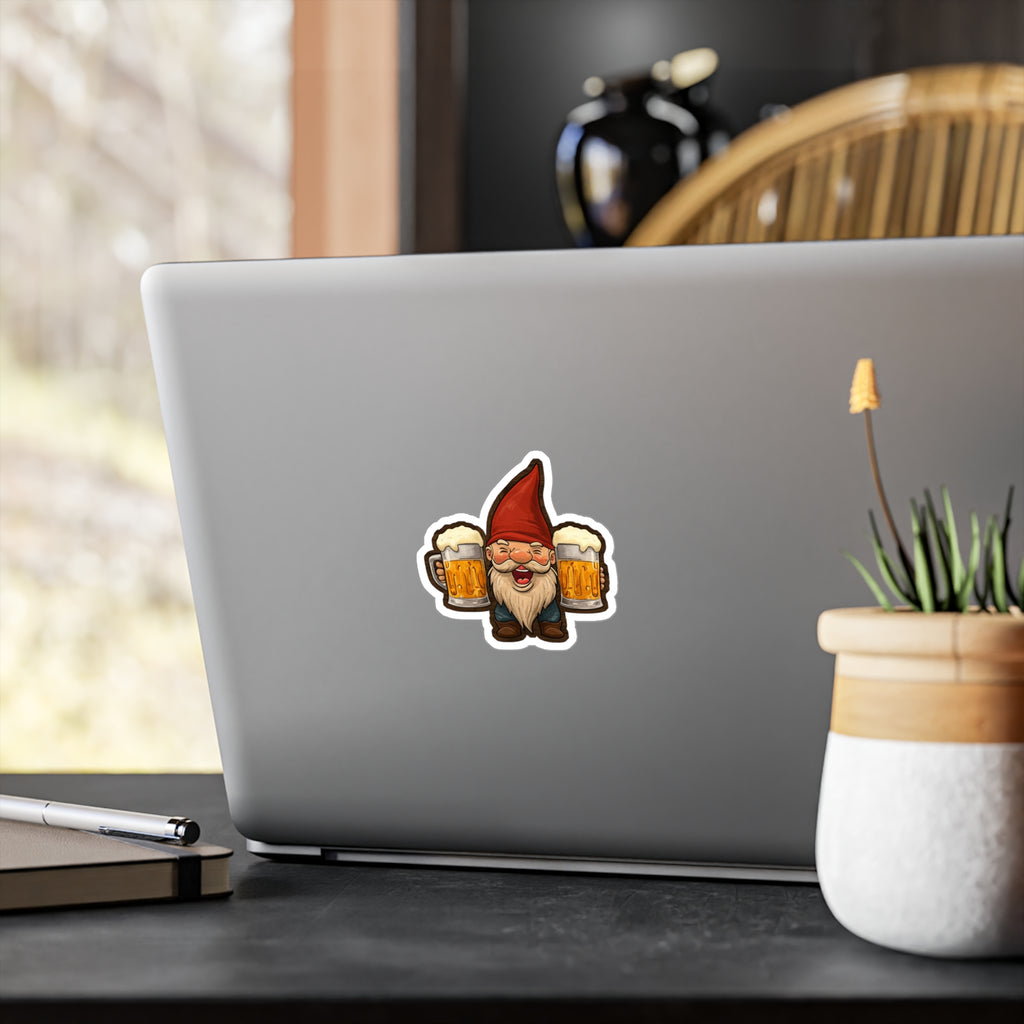 Beer Gnome Decal - Happy Gnome Holding Two Beer Mugs Kiss Cut Vinyl Sticker