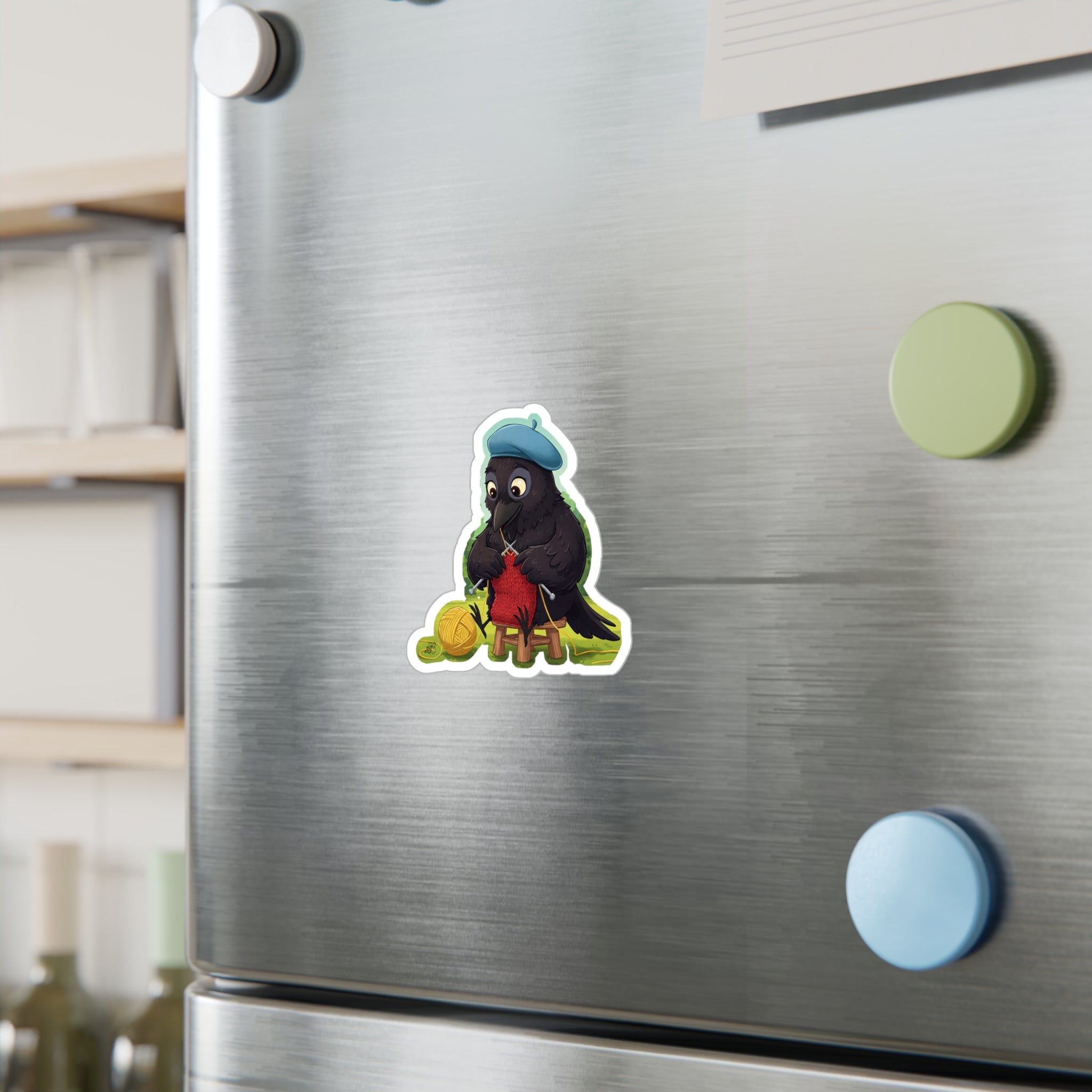 Knitting Crow With Beret Kiss-Cut Vinyl Decal