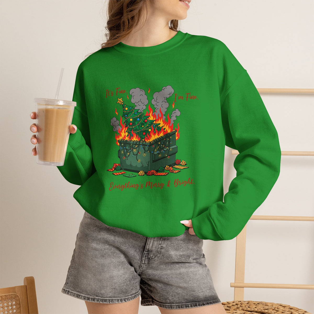 It’s Fine I’m Fine Everything’s Merry & Bright Christmas Crewneck Sweatshirt | Funny Holiday Sweatshirt