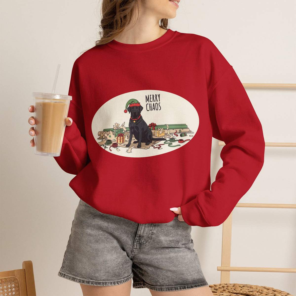 Merry Chaos Black Lab Christmas Crewneck Sweatshirt | Funny Dog Holiday Sweatshirt