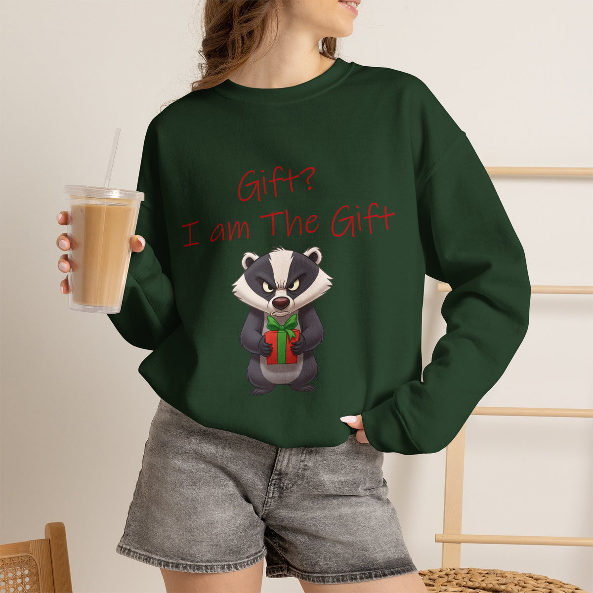 Gift? I Am the Gift Badger Christmas Crewneck Sweatshirt | Funny Sarcastic Holiday Sweatshirt