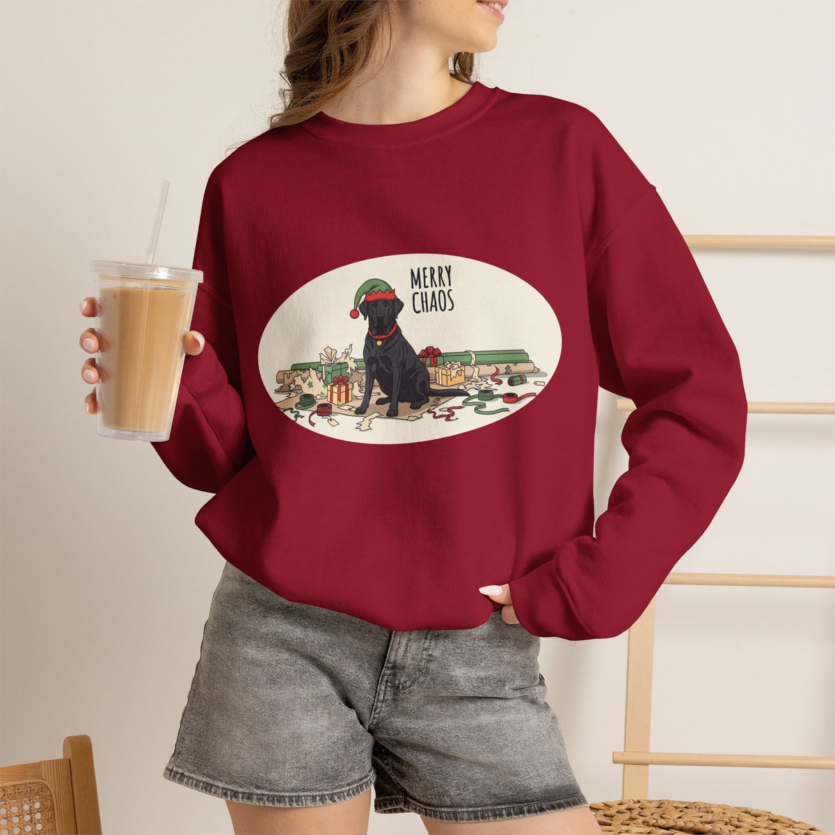 Merry Chaos Black Lab Christmas Crewneck Sweatshirt | Funny Dog Holiday Sweatshirt
