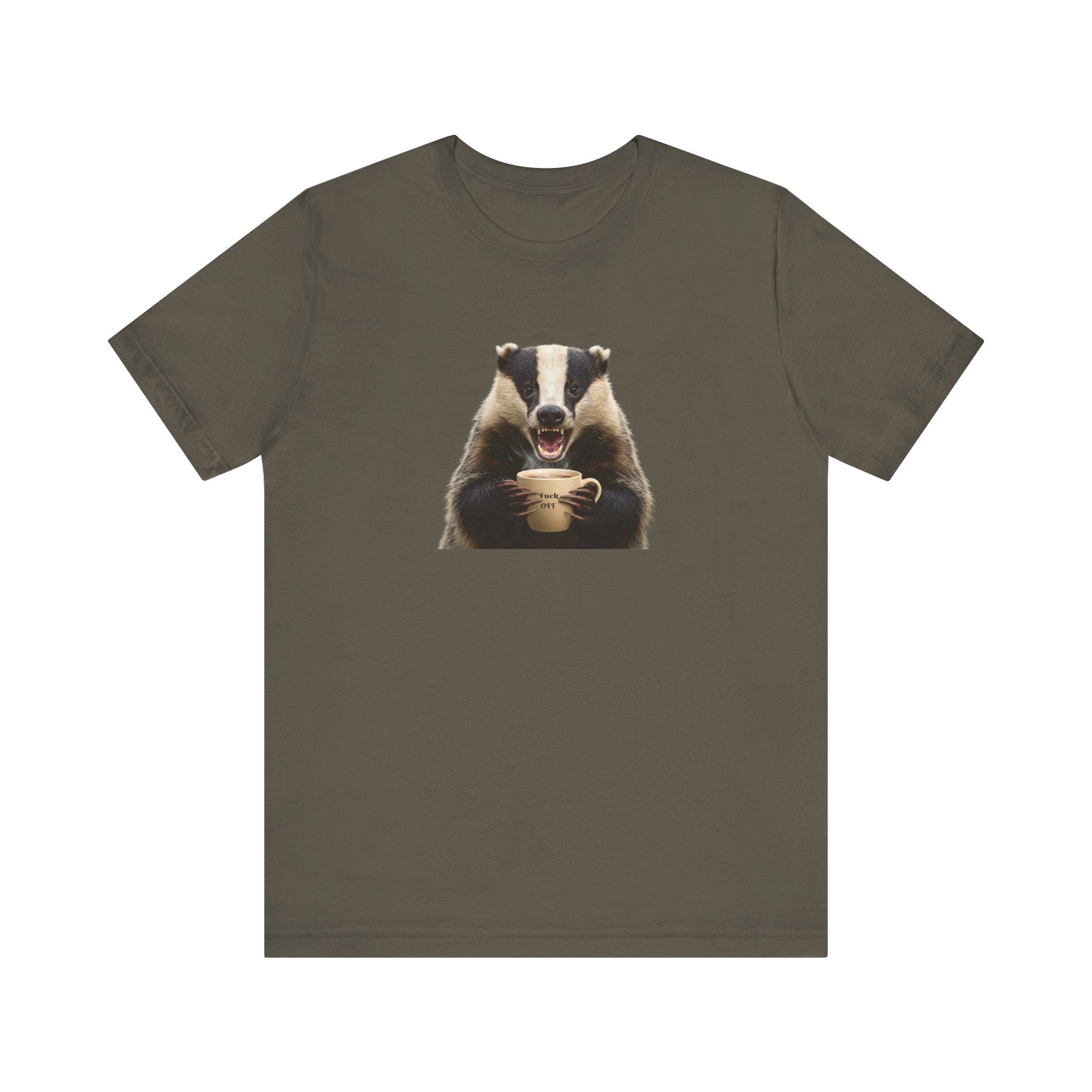 Angry Badger “Fuck Off” T-Shirt – Because Words Are Hard Before Caffeine- Unisex Short Sleeve T-Shirt, Gift for friends and loved ones