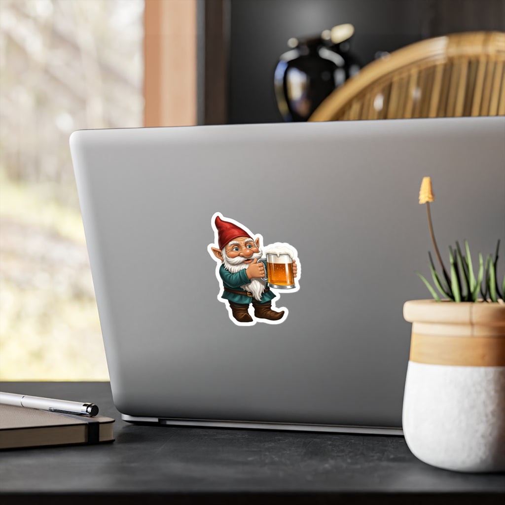 Beer Drinking Gnome Decal - Happy Gnome Thumbs Up With Beer Mug Kiss Cut Vinyl Sticker