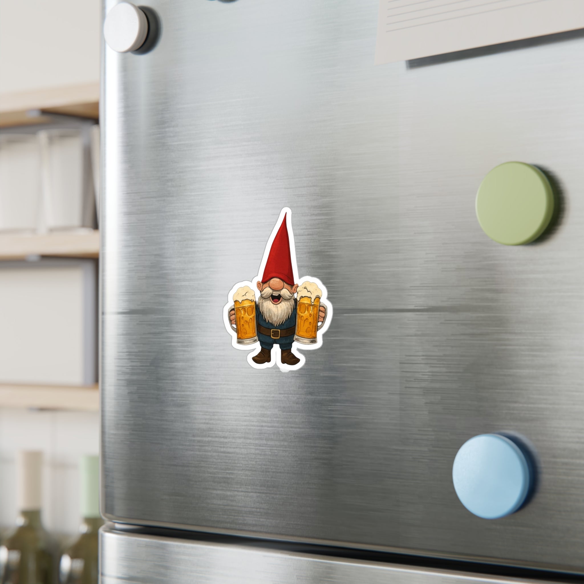 Cheerful Beer Gnome Decal - Laughing Gnome With Two Beer Mugs Kiss Cut Vinyl Sticker