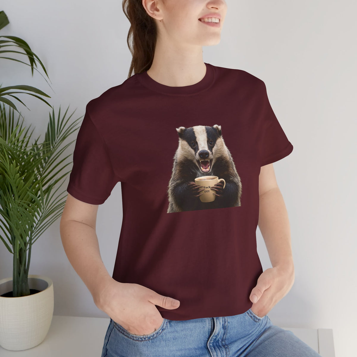 Fuck Off Coffee Badger Unisex T-Shirt | Funny Angry Badger Shirt