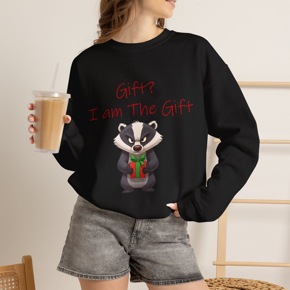 Gift? I Am the Gift Badger Christmas Crewneck Sweatshirt | Funny Sarcastic Holiday Sweatshirt