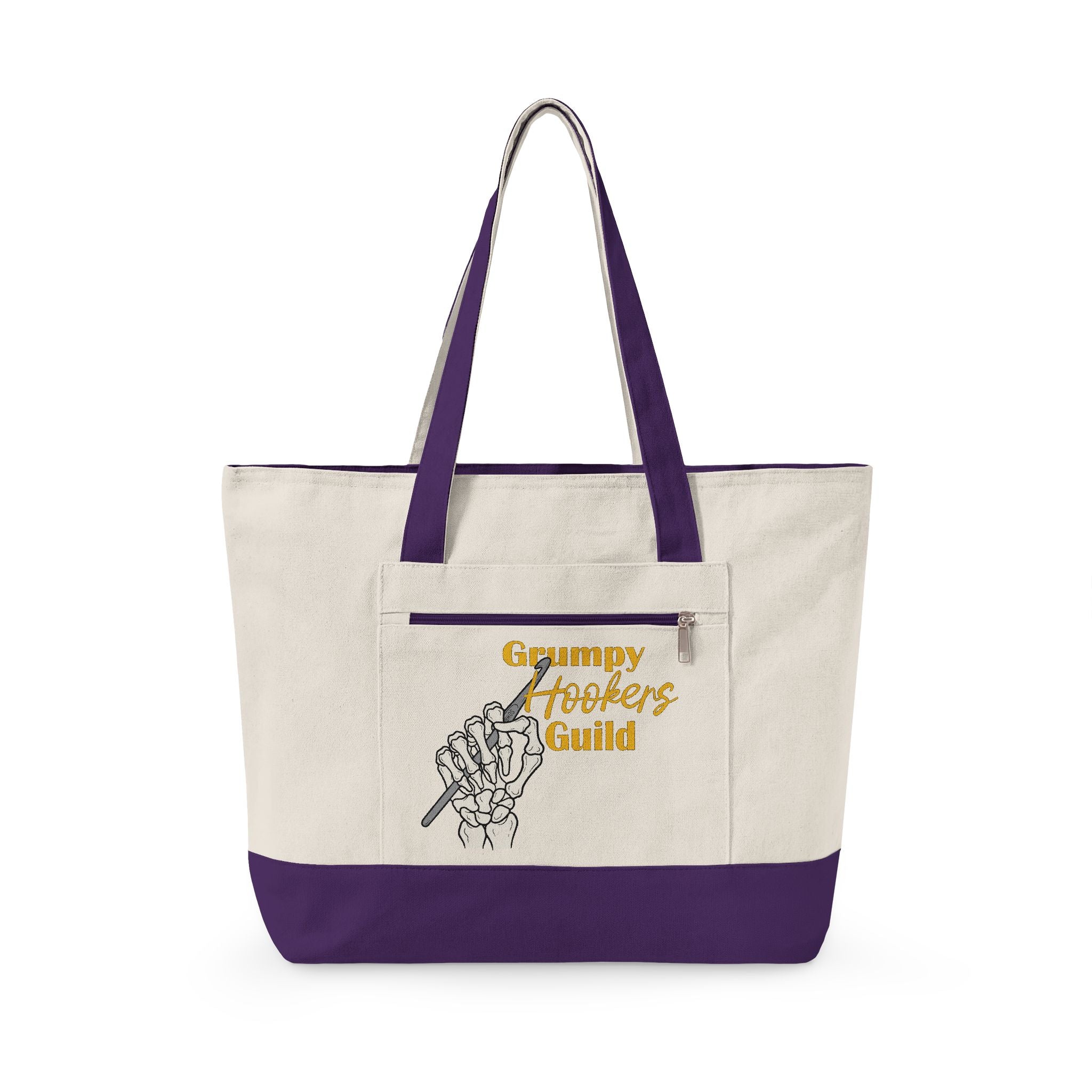 Hookers Guild Tote Bag - Skeleton Crochet Hand Zippered Canvas Tote
