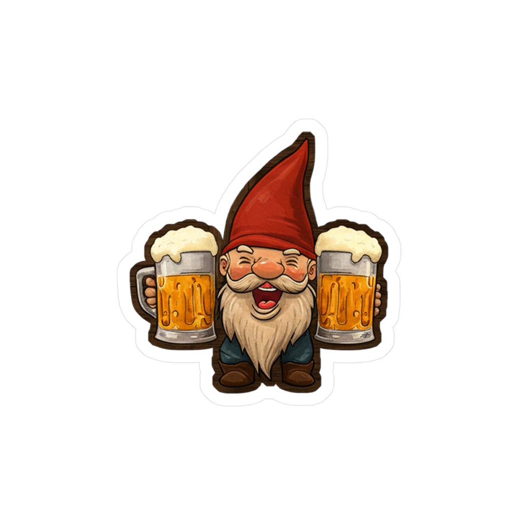 Beer Gnome Decal - Happy Gnome Holding Two Beer Mugs Kiss Cut Vinyl Sticker