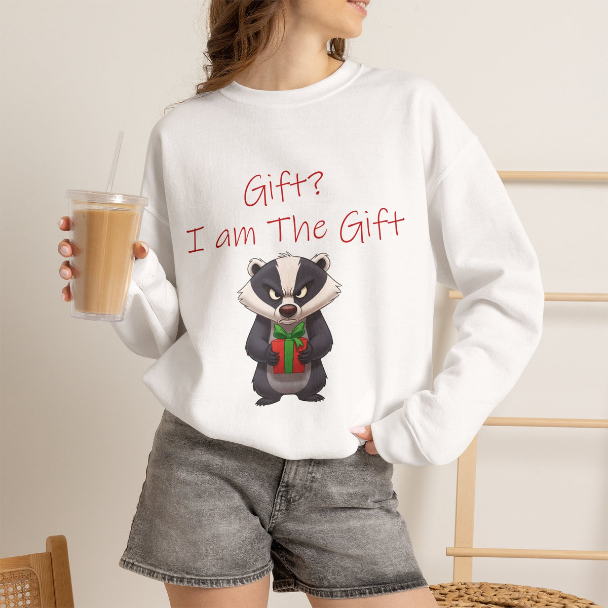 Gift? I Am the Gift Badger Christmas Crewneck Sweatshirt | Funny Sarcastic Holiday Sweatshirt