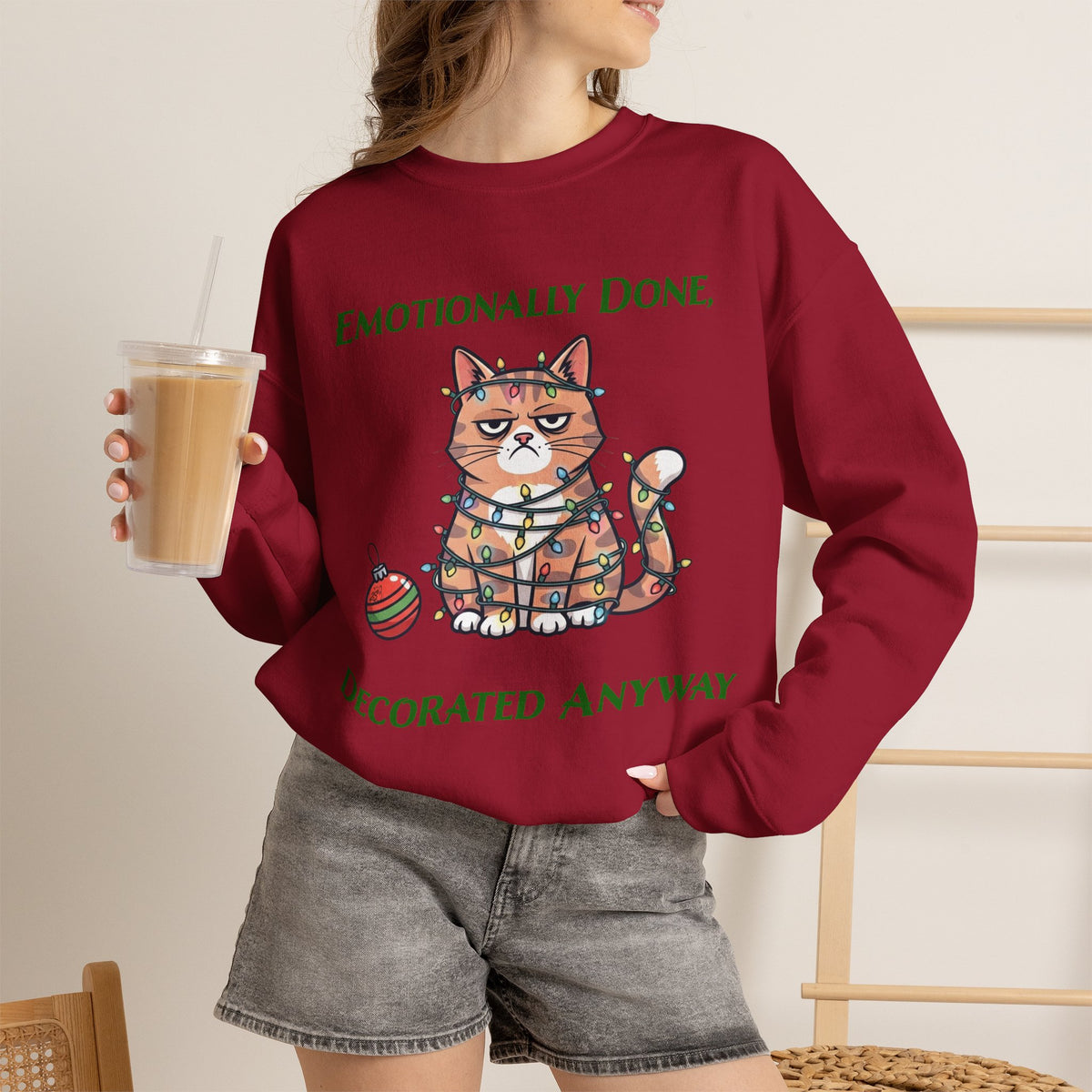 Emotionally Done, Decorated Anyway Unisex Christmas Sweatshirt | Funny Grumpy Cat Holiday Sweatshirt