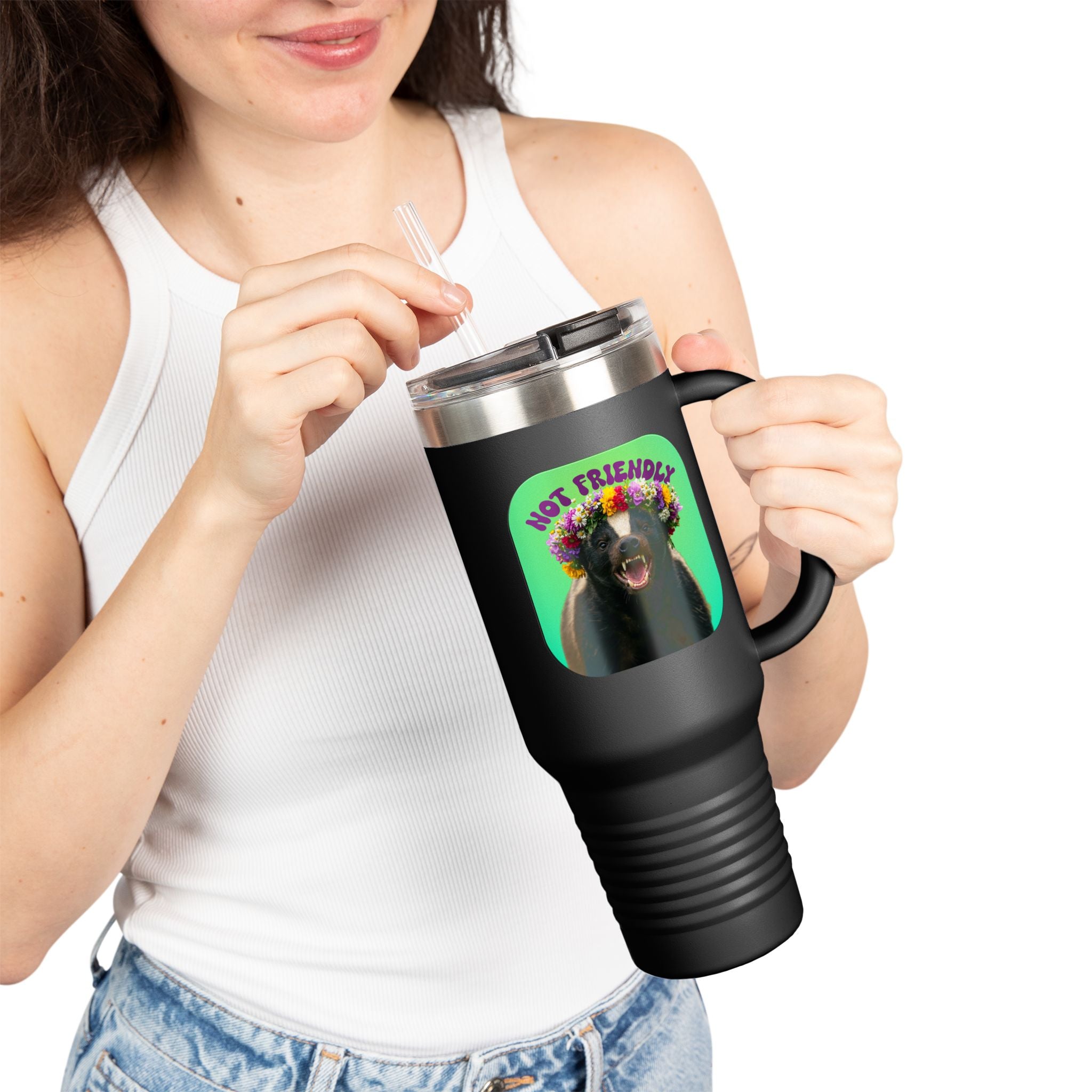 Not Friendly Badger Tumbler - Angry Flower Crown Honey Badger 40oz