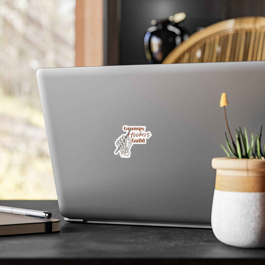 Grumpy Hookers Guild Decal - Skeleton Crochet Hand Terracotta Text Kiss Cut Vinyl Decal