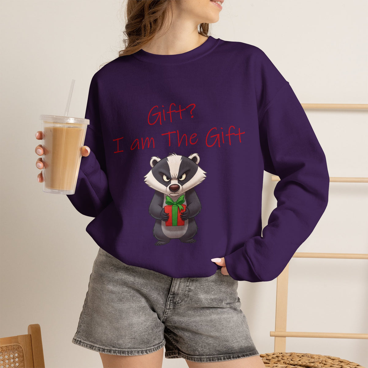 Gift? I Am the Gift Badger Christmas Crewneck Sweatshirt | Funny Sarcastic Holiday Sweatshirt