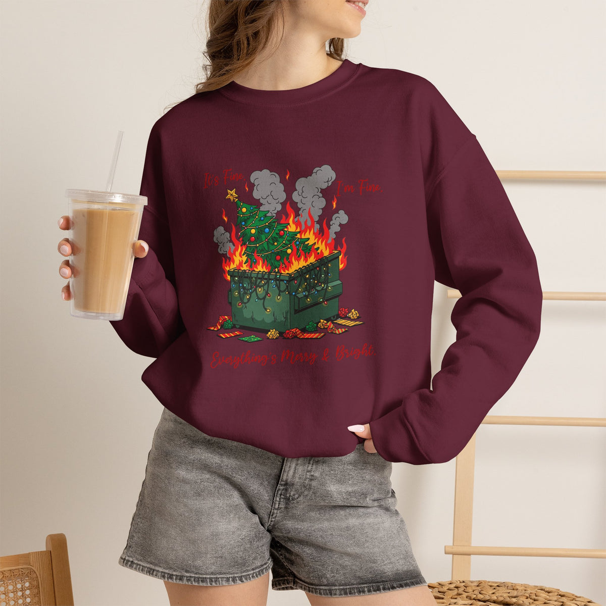 It’s Fine I’m Fine Everything’s Merry & Bright Christmas Crewneck Sweatshirt | Funny Holiday Sweatshirt