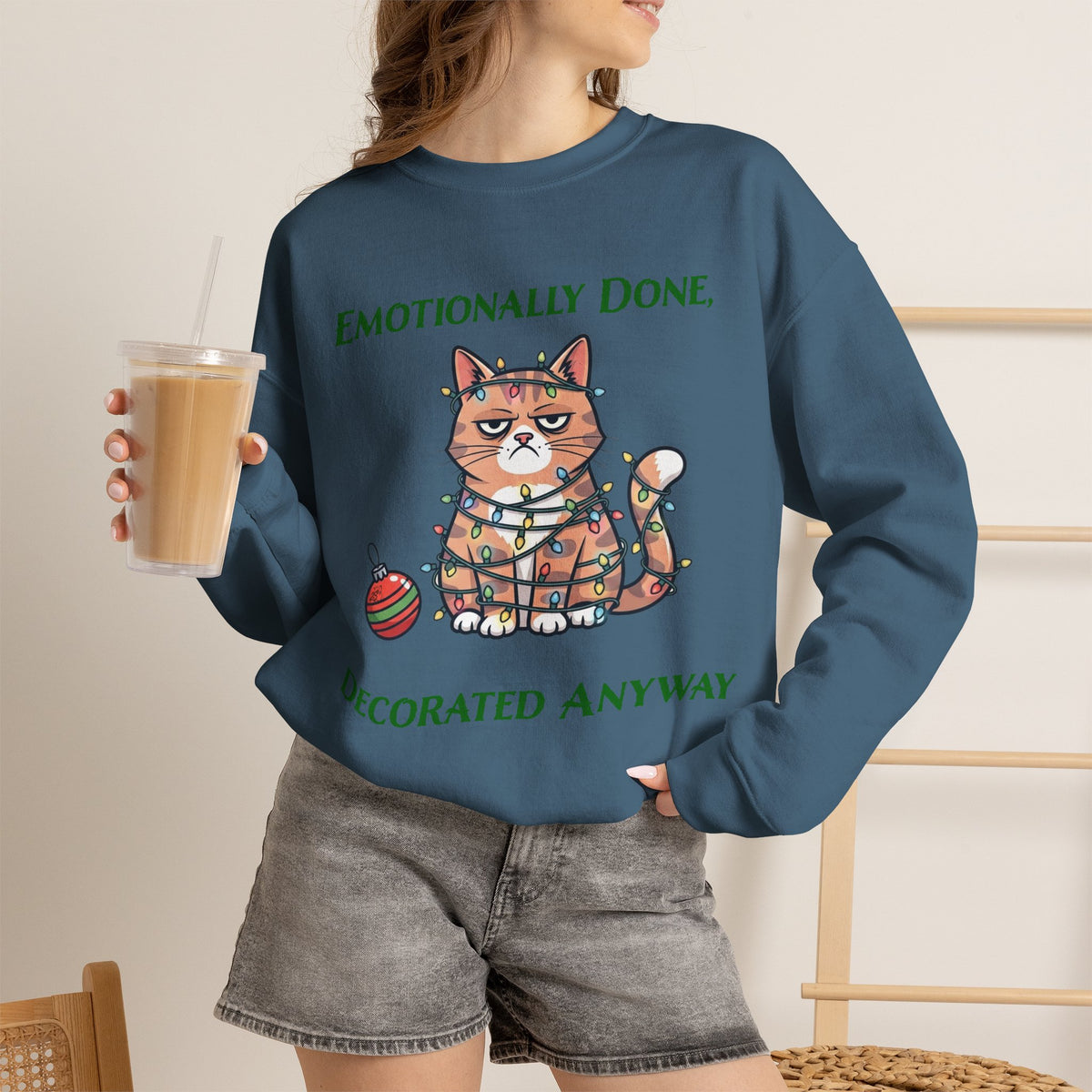 Emotionally Done, Decorated Anyway Unisex Christmas Sweatshirt | Funny Grumpy Cat Holiday Sweatshirt