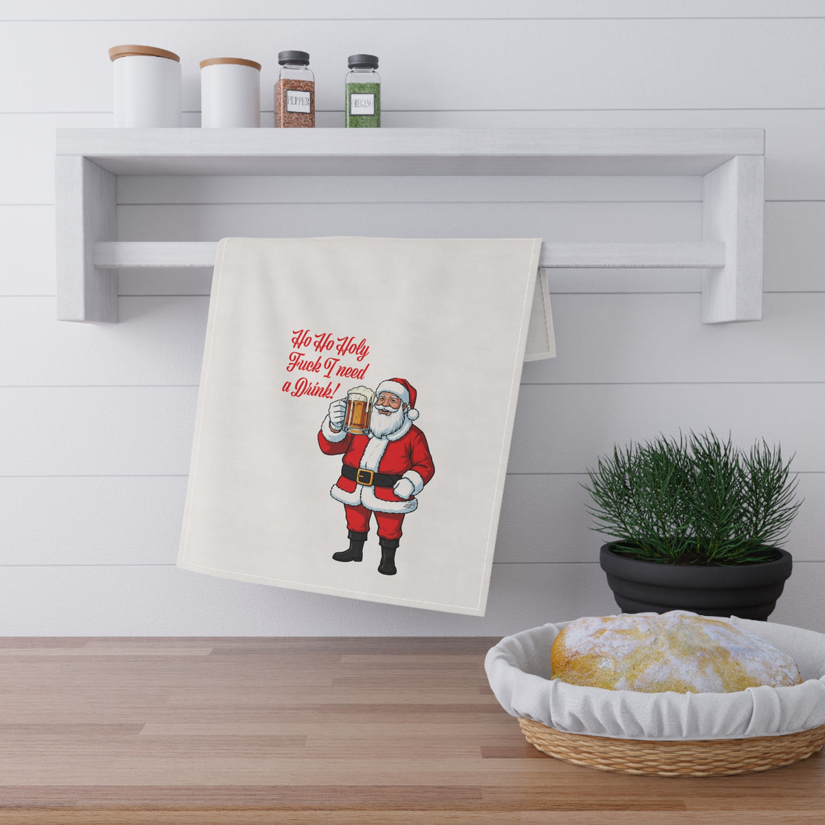 Ho Ho Holy Fuck I Need a Drink Christmas Tea Towel | Funny Santa Cotton Twill Kitchen Towel