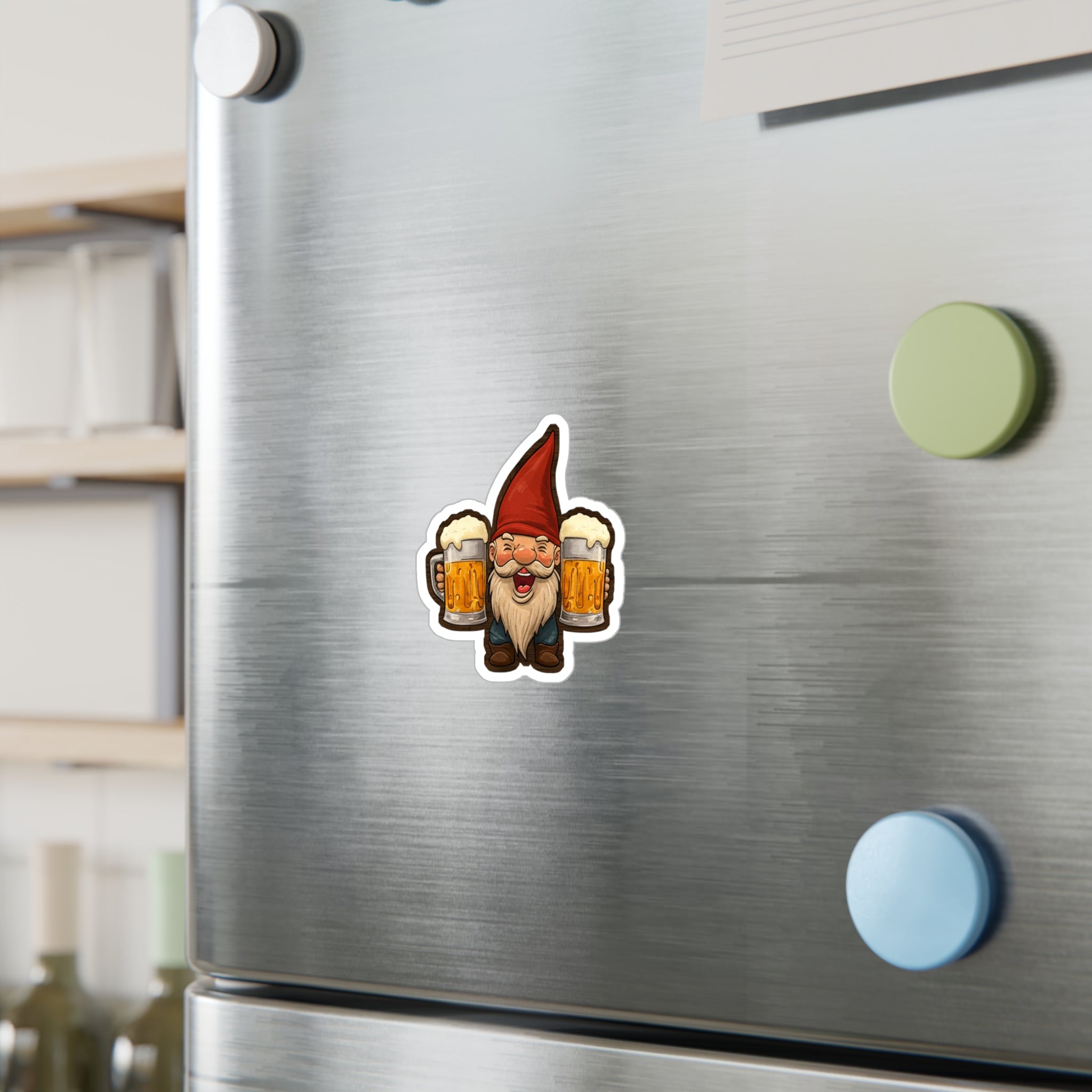 Beer Gnome Decal - Happy Gnome Holding Two Beer Mugs Kiss Cut Vinyl Sticker