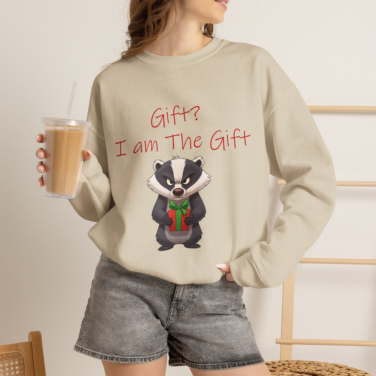 Gift? I Am the Gift Badger Christmas Crewneck Sweatshirt | Funny Sarcastic Holiday Sweatshirt