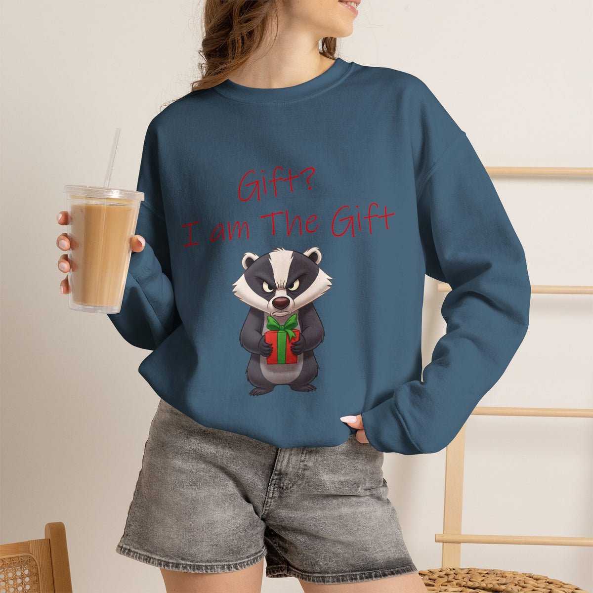 Gift? I Am the Gift Badger Christmas Crewneck Sweatshirt | Funny Sarcastic Holiday Sweatshirt