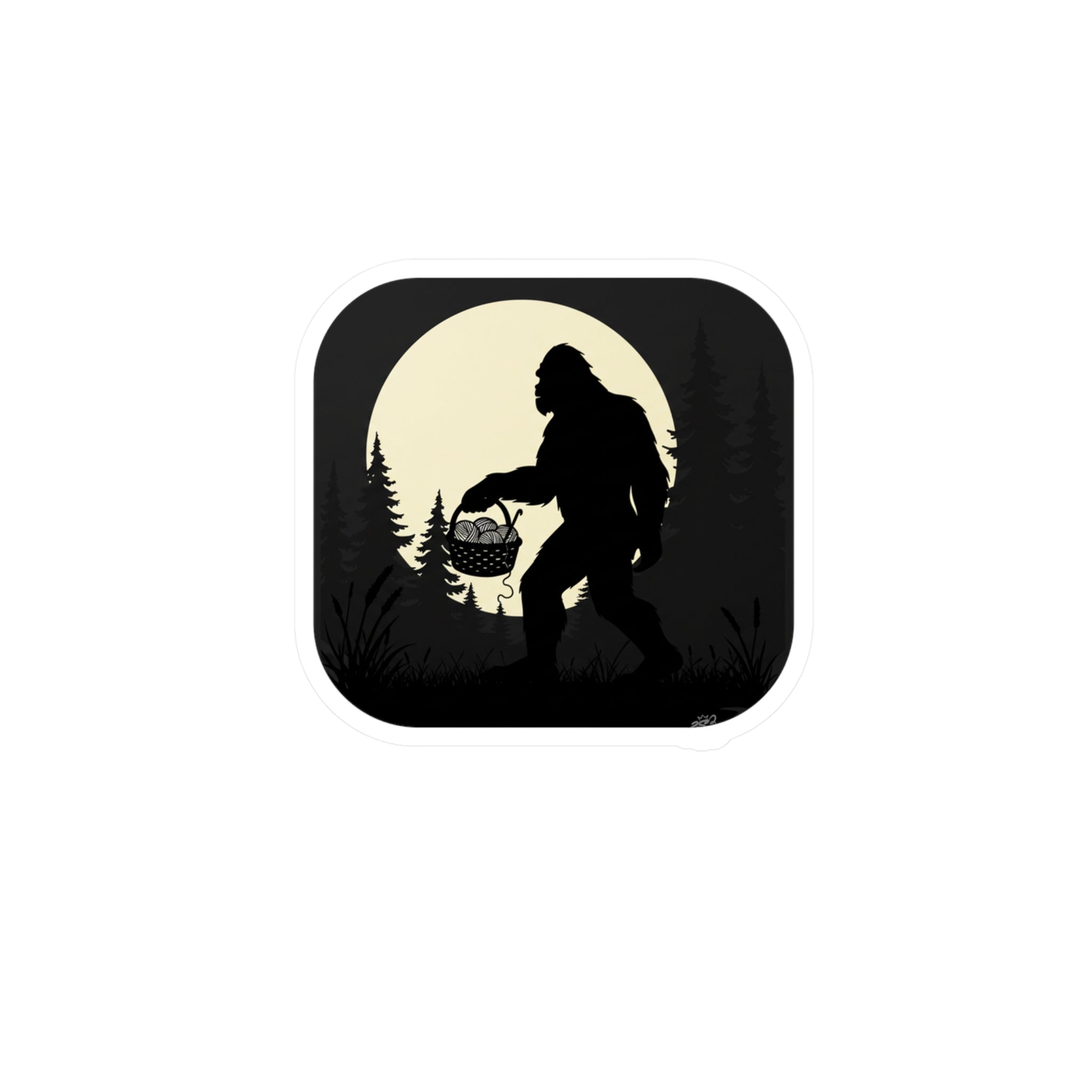Bigfoot Crochet Night Decal - Sasquatch Yarn Basket Silhouette Kiss Cut Vinyl Decal