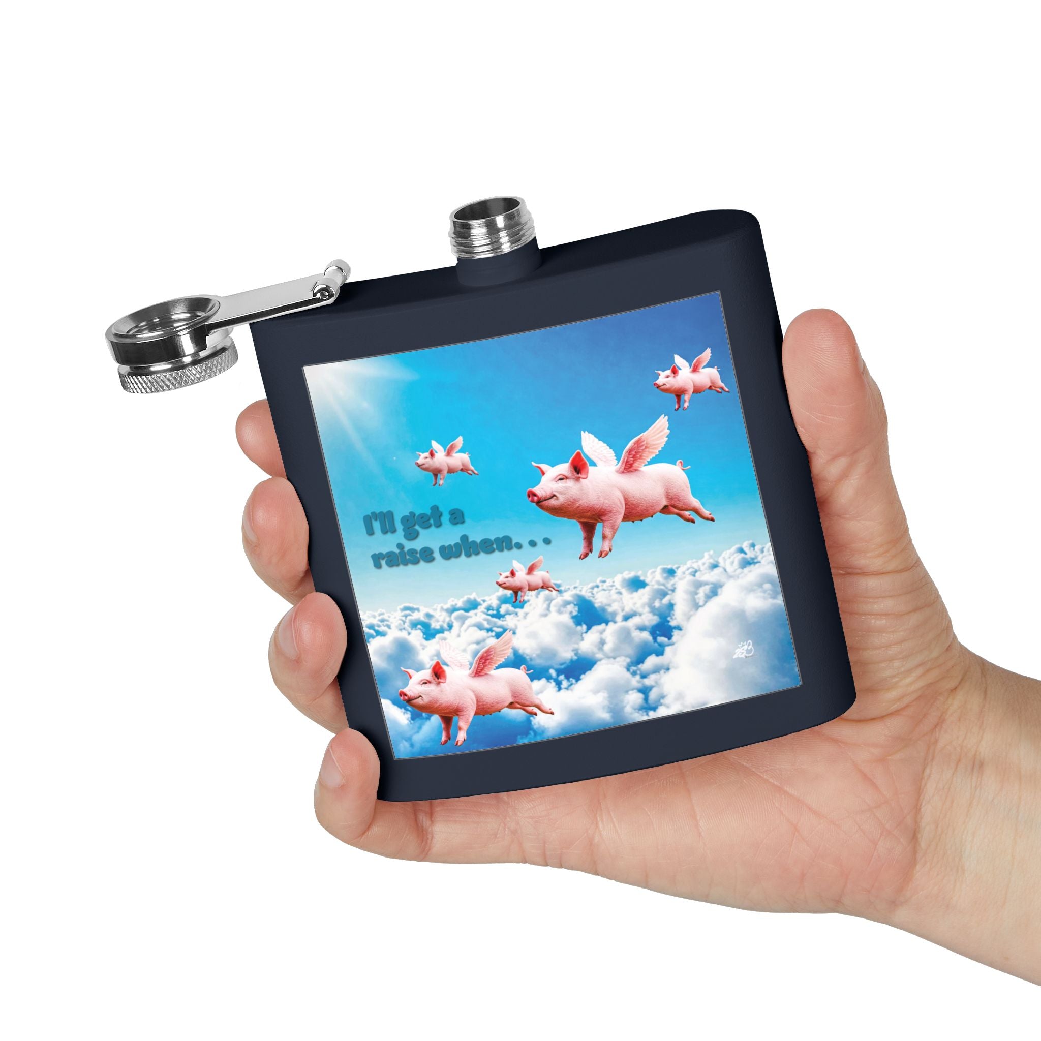 "I’ll Get a Raise When Pigs Fly" Flask – Stainless Steel Liquid Therapy with Flying Pig Delusion Support Funny gift for Coworkers, Friends and Loved Ones