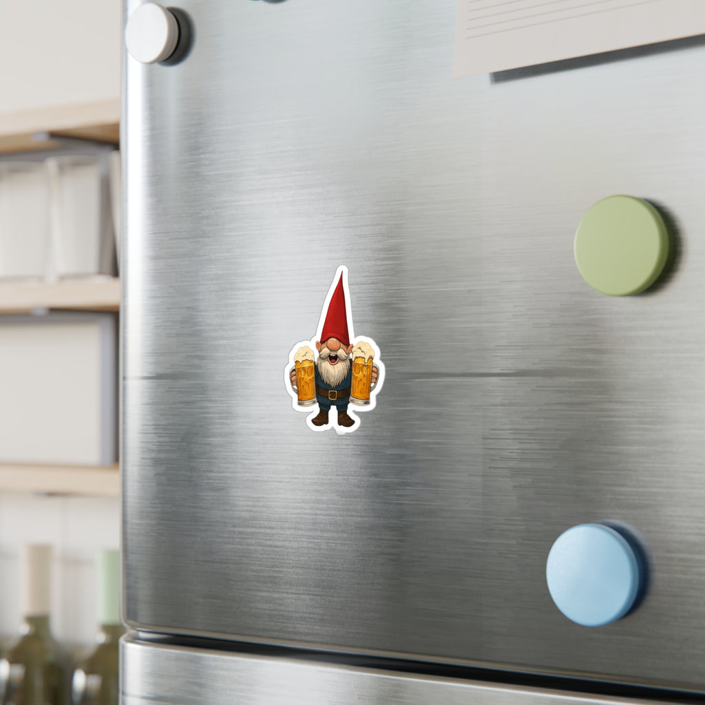 Cheerful Beer Gnome Decal - Laughing Gnome With Two Beer Mugs Kiss Cut Vinyl Sticker